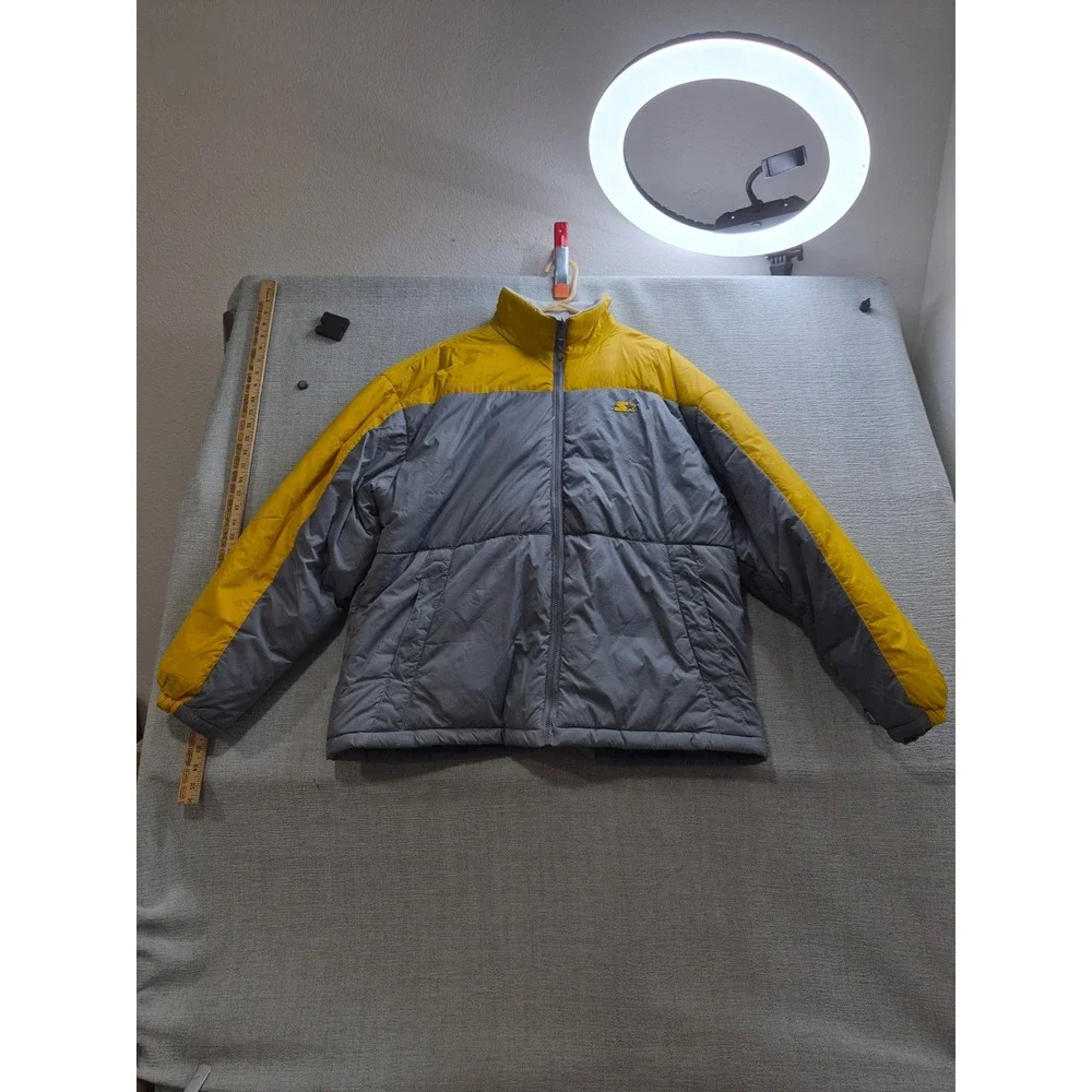 Starter Puffer Jacket Mens XL Gray Yellow Nylon Down Logo Mock Neck Full Zip